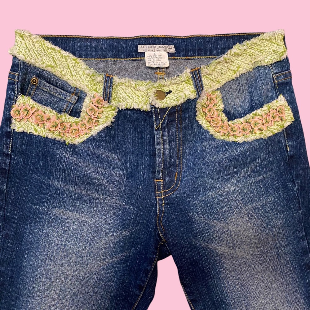 1990s Vintage Boho Alberto Makali Boot-Cut Jeans with Rosettes & Green Trim